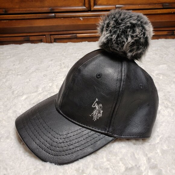Vtg Y2K U.S. Polo Assn Black Faux Leather Cap Hat Pom Pom Adjustable Strap - Picture 2 of 6